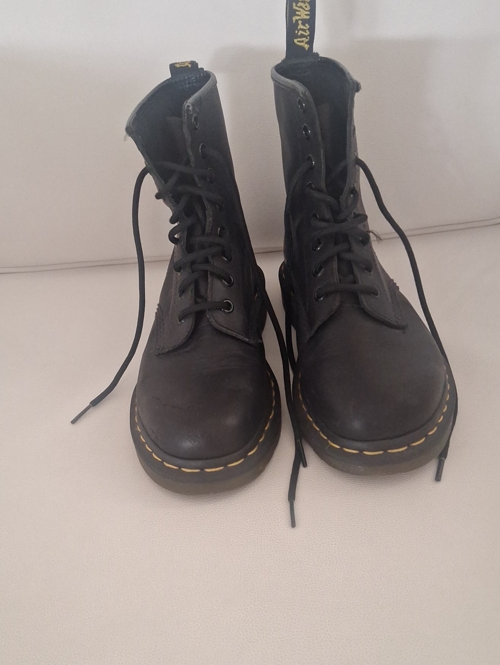 Dr. Martens Black Leather 8Eye LaceUp Combat Boots with Yellow Stitching Usa Sz7